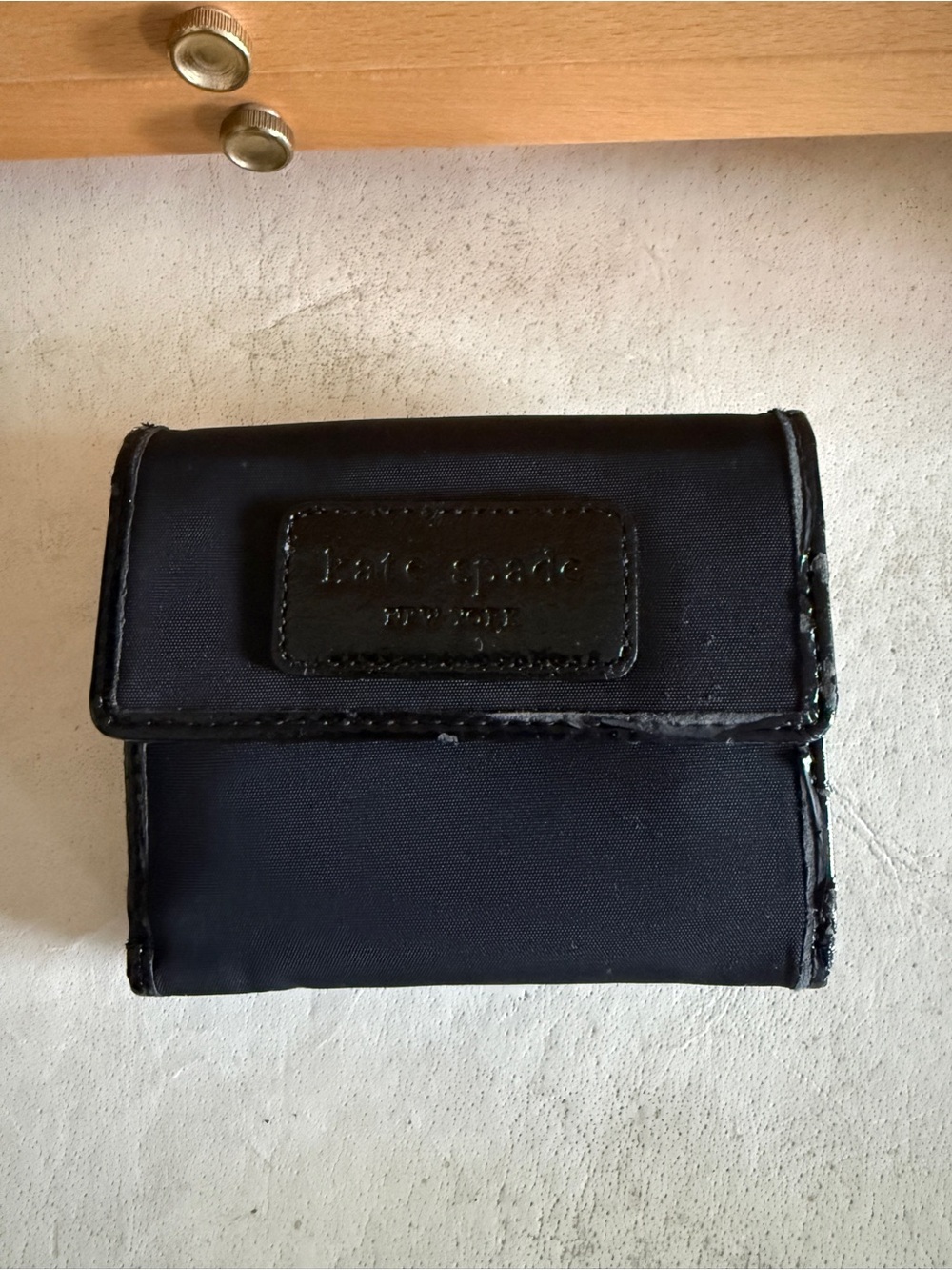 Kate Spade New York Black Nylon Trifold Wallet Card Holder Patent Trim